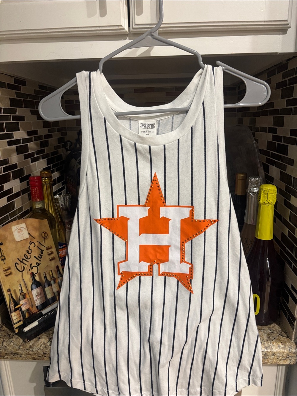 PINK Victoria's Secret White Pinstripe Tank with Orange Houston Star H